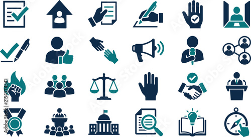 Minimalist democratic civic icon set featuring voting, government, citizen participation and social responsibility symbols vector illustration