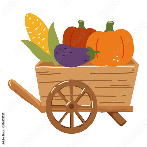 Cute wooden farm cart filled with pumpkins, corn and eggplant. Autumn harvest vector illustration perfect for farmers markets, harvest festivals, organic food branding, stickers and packaging
