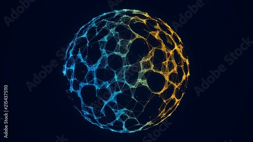 Abstract geodesic sphere with glowing nodes and lines during a gradient transition on dark background