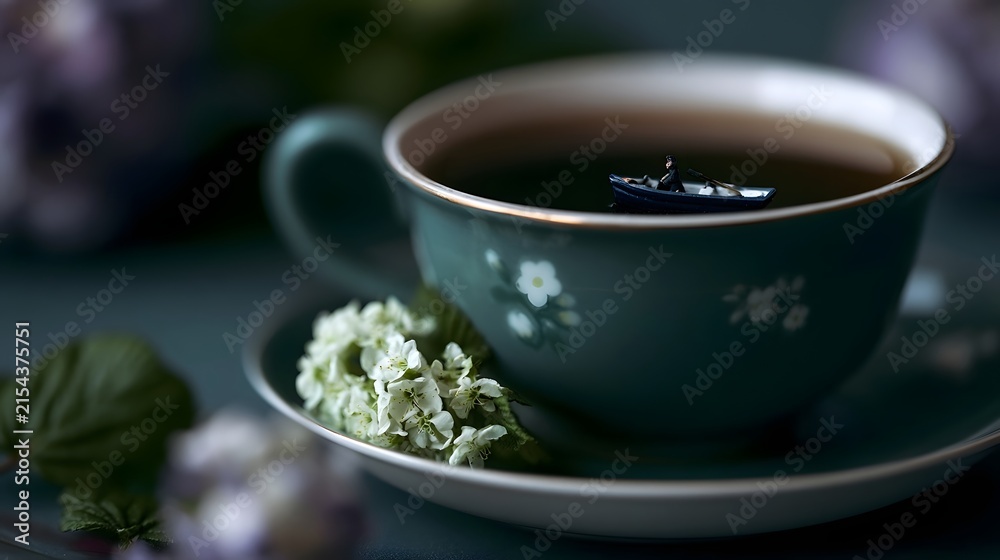 Fototapeta premium A miniature boat floats peacefully inside a ceramic teacup adorned with floral patterns and surrounded by fresh blossoms