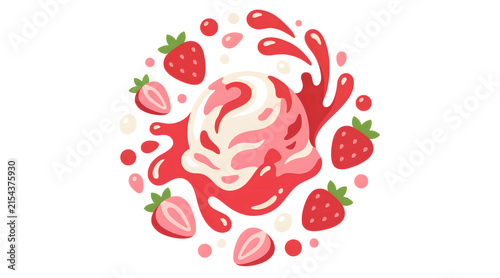 Fresh strawberries with splashing red juice and cream