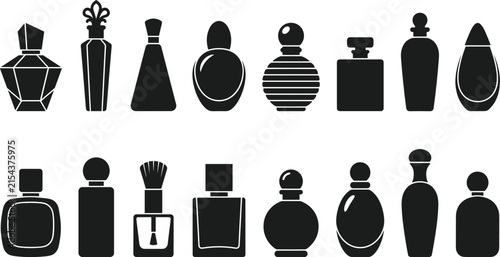 Perfume bottle icon set featuring luxury fragrance containers, cosmetic packaging, beauty products and elegant perfume symbols vector illustration