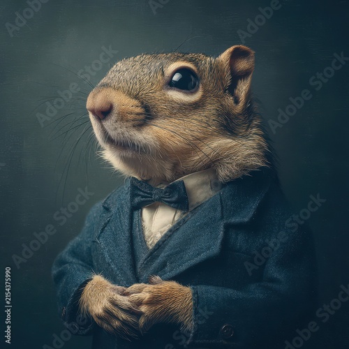 Elegant anthropomorphic squirrel in formal attire with bow tie and blazer, sophisticated animal portrait