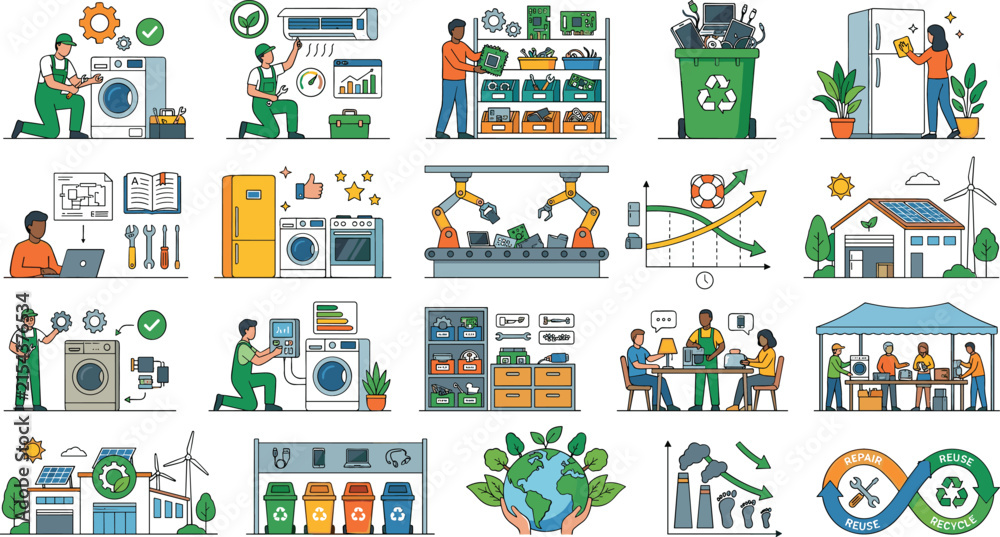 Fototapeta premium Home appliance repair, recycling, renewable energy, and sustainable manufacturing process collection with technicians and eco industry vector illustrations