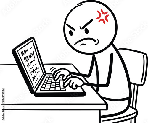 Angry stick figure man working on laptop computer at desk minimalist line art vector sketch illustration for presentation