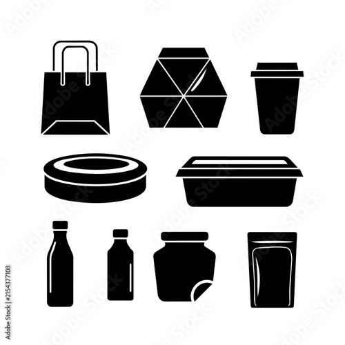 A collection of black silhouette icons depicts various food packaging and containers.