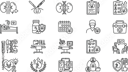 Kidney care and nephrology outline icon collection featuring renal surgery dialysis diagnostics transplantation medical treatment and healthcare vectors