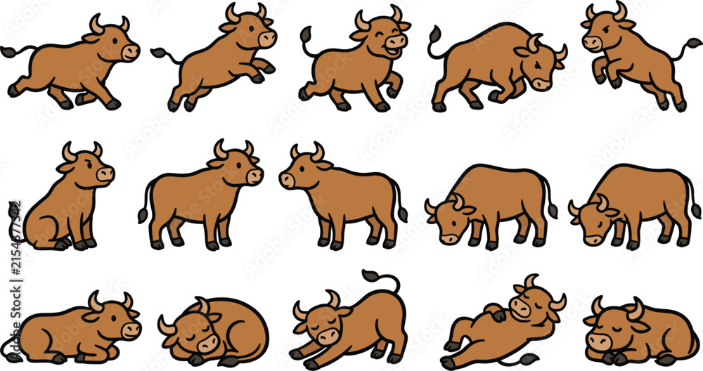 Obraz premium Cute Cartoon Bull Mascot Set with Brown Calves Running Jumping Grazing and Sleeping in Various Poses for Children Graphic Designs