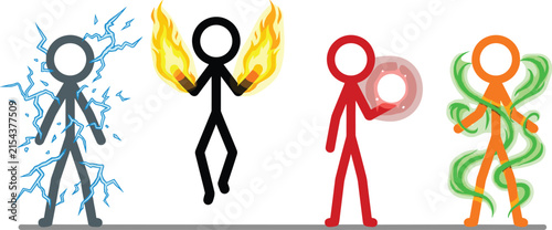  Colorful stick figure characters with elemental magic powers of lightning fire wind and energy vector vector illustration template