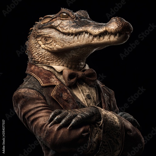 Elegant Crocodile Anthropomorphized as Businessman with Bowtie and Suit Fashion Style