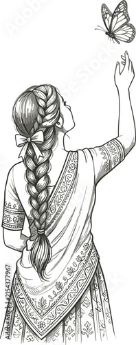 Beautiful Indian girl with braided hair reaching for butterfly hand drawn line art vector sketch for coloring page