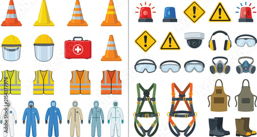Industrial Personal Protective Equipment PPE Vector Icon Set Featuring Safety Cones Helmets Vests Hazmat Suits Harnesses and Warning Signs for Construction Security Designs