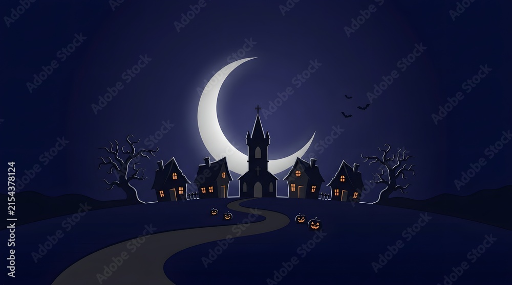 Fototapeta premium Halloween night background with spooky village, church, crescent moon and jack-o-lanterns vector illustration