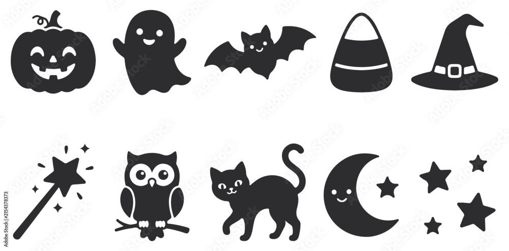 Obraz premium Set of cute halloween icons including pumpkin, ghost, bat, candy corn, witch hat, wand, owl, cat, moon and stars