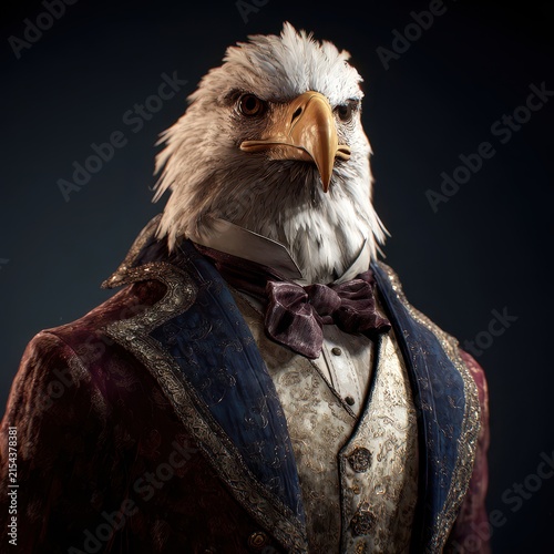 Elegant eagle dressed in vintage suit with bow tie, portrait of anthropomorphic bird in aristocratic attire