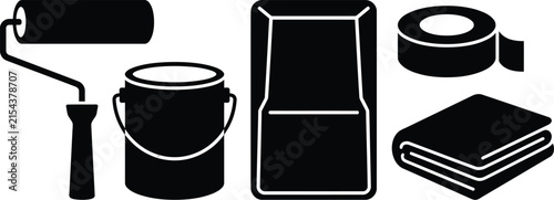 Black and white vector icon set featuring essential tools for home improvement painting and wall renovation projects