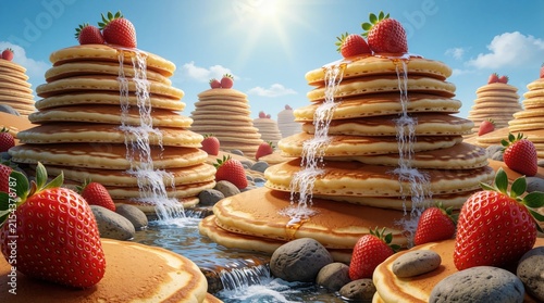 Surreal landscape features pancake mountains topped with strawberries and syrup waterfalls. Giant fruit adorns this dreamlike food scenery under a bright blue sunny sky.
