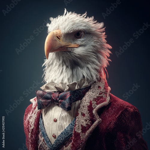 Artistic portrait of an eagle dressed in Victorian style suit with intricate details and dark background