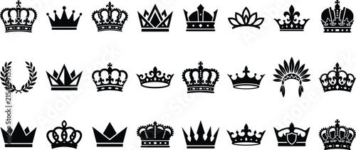 Royal crown icons set, black heraldic king and queen coronet silhouettes, 24 vector symbols for luxury branding and logo design