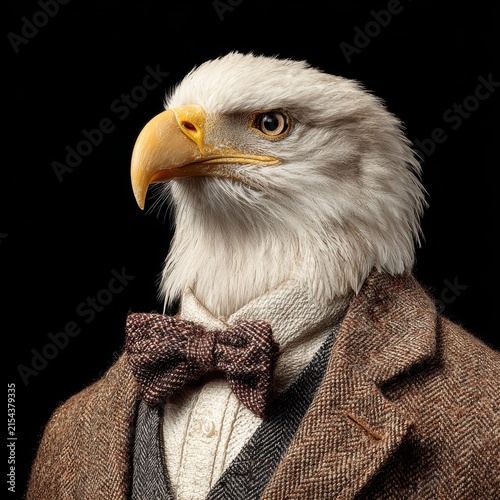 Elegant Bald Eagle Portrait Dressed in Formal Suit with Bow Tie on Black Background