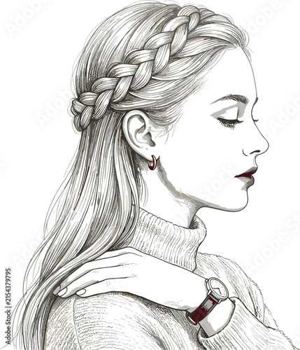 Beautiful young woman side profile portrait with braided hairstyle line art vector illustration for adult coloring book page