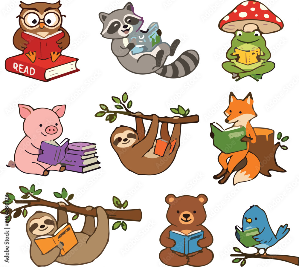 Obraz premium Cute Cartoon Woodland Animals Reading Books Character Set Featuring Owl Sloth Fox Bear and Raccoon for School Libraries Children Education Stickers and Classroom Decor