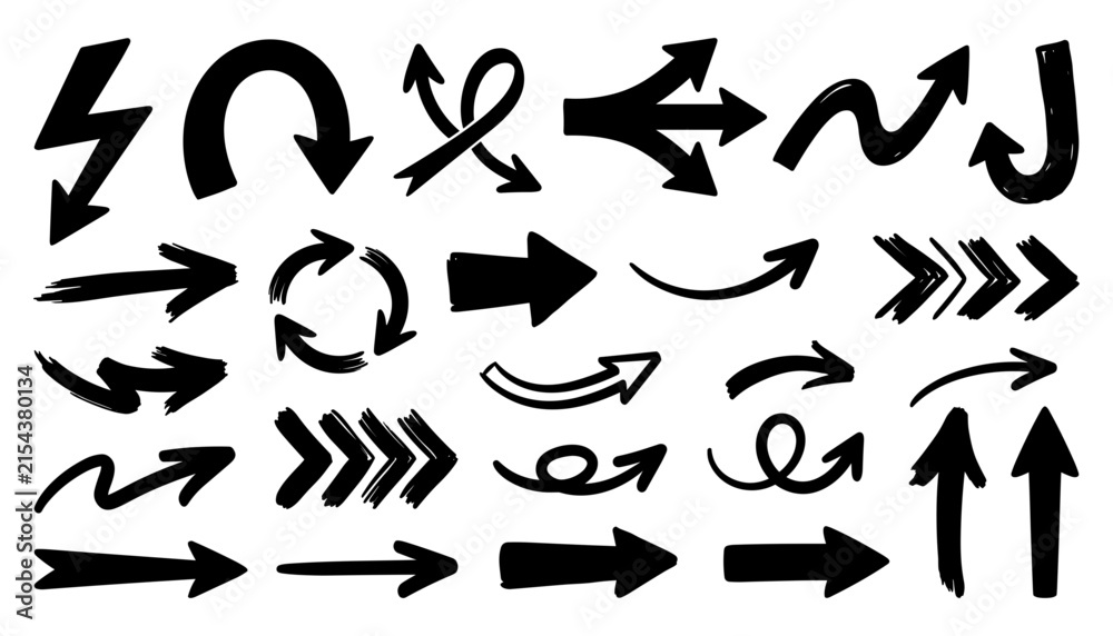 Fototapeta premium Hand drawn black arrow vector icon set isolated on white background featuring sketchy grunge brush strokes curved directional pointers lines and design elements for infographics
