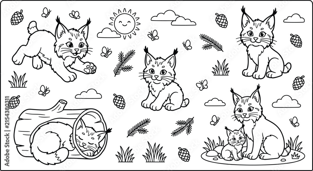 Obraz premium Cute Cartoon Lynx Wildcat Coloring Page and Icon Set with Forest Pinecones Log Fir Branches Butterflies Clouds and Sun Vector Illustrations