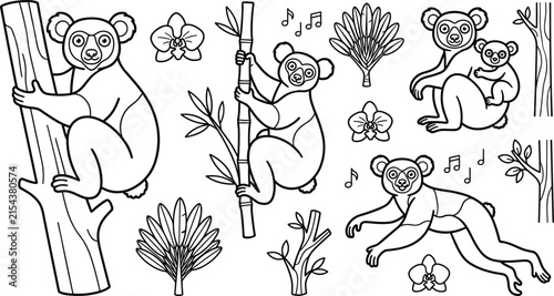 Bild auf Leinwand Cute Cartoon Indri Lemur Coloring Page and Icon Set with Climbing Bamboo Orchid