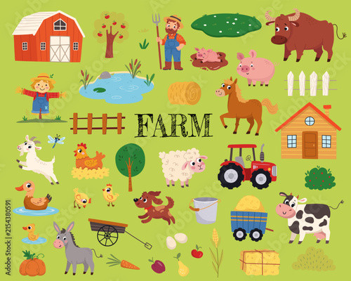 Cute Farm Cartoon Vector Collection with Barn, Farmer, Animals and Countryside Elements