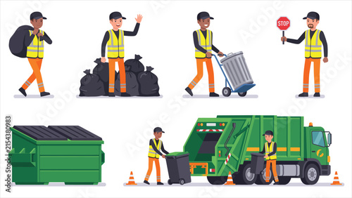Garbage Collector Workers Collecting City Rubbish and Recycling Waste Flat Vector Illustration Set.