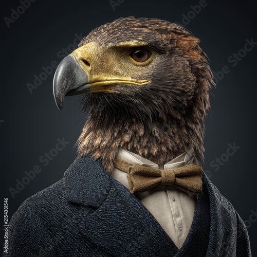 Realistic eagle head with brown feathers dressed in formal suit and bow tie against dark background