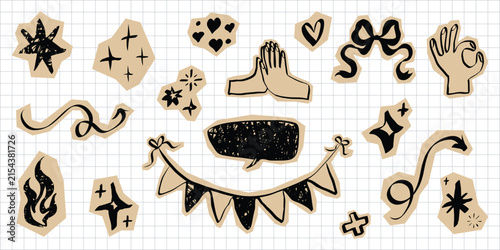 Scrapbook paper cutouts featuring hand drawn hearts, sparkles, and lightning bolts. Y2K aesthetic sticker elements perfect for journals, notebooks, and vintage collages.