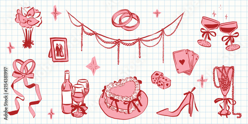 Whimsical coquette wedding elements. Vintage cute symbols with ribbon and bow in simple crayon sketch style. Trendy art for Valentine day and bachelorette invitations. Doodle vector illustration