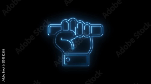Glowing blue neon outline fist holding a bar symbol on black background abstract concept of icon