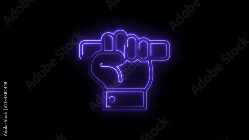 Glowing purple neon fist icon symbolizing power strength unity and revolution on a black