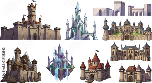 Canvas Print Medieval Fantasy Castle and Royal Palace Vector Set Featuring Floating Citadel C
