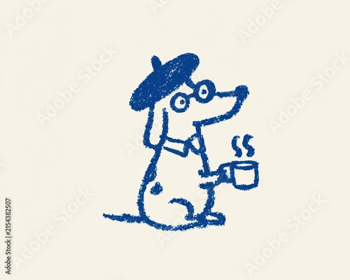 Cute handdrawn doodle of a dog wearing a beret and glasses holding a steaming cup of coffee in a blue crayon sketch style