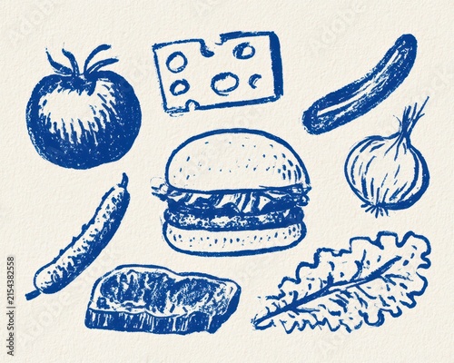 Collection of handdrawn burger ingredients, sketch style blue ink illustrations of food items on a light textured background