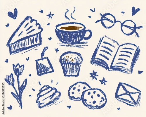 Cozy lifestyle elements, handdrawn blue ink sketches of coffee, books, sweets, and flowers on a light textured background