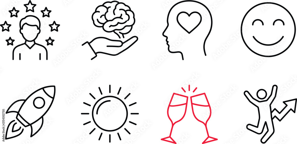 Fototapeta premium Mental health positivity and success line icon set brain emotional intelligence joy rocket celebration growth vector illustration