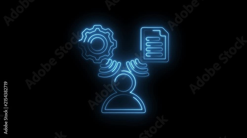 Neon outline human icon with gear and document symbols connected by signal waves representing