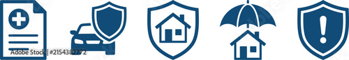 Set of blue insurance icons representing home car health and general protection services for business and finance