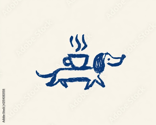 Handdrawn oil pastel illustration of a cute dachshund dog carrying a steaming cup of coffee on its back