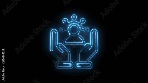 Neon blue glowing icon of hands holding a person symbol with radiating connections representing