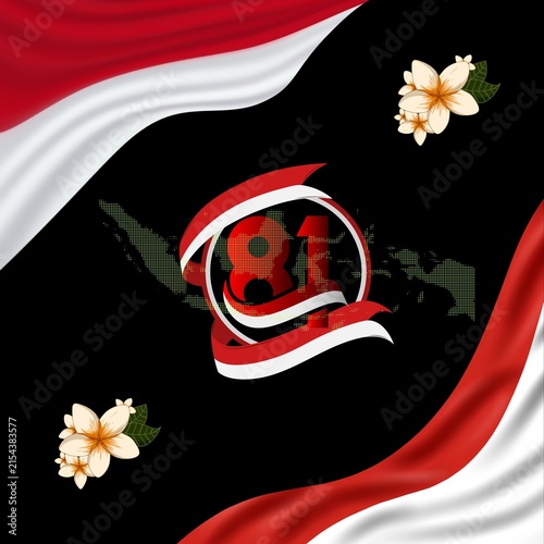 Indonesian Independence Day Celebration Graphic with Red White Ribbon and Floral Decoration