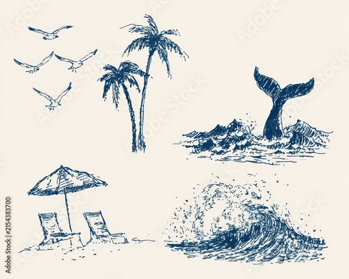 Set of beach and ocean elements, handdrawn sketches including palm trees, whale tail, waves, seagulls, and beach chairs