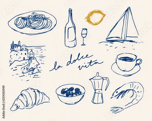 La dolce vita italian summer sketch set with pasta, wine, sailboat, coastal village, moka pot, coffee cup, and olives line art doodle