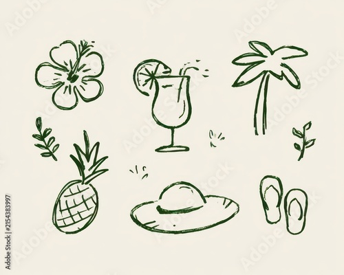 Hand drawn tropical summer doodle set with hibiscus flower, cocktail, palm tree, pineapple, sun hat, and flip flops line art illustration