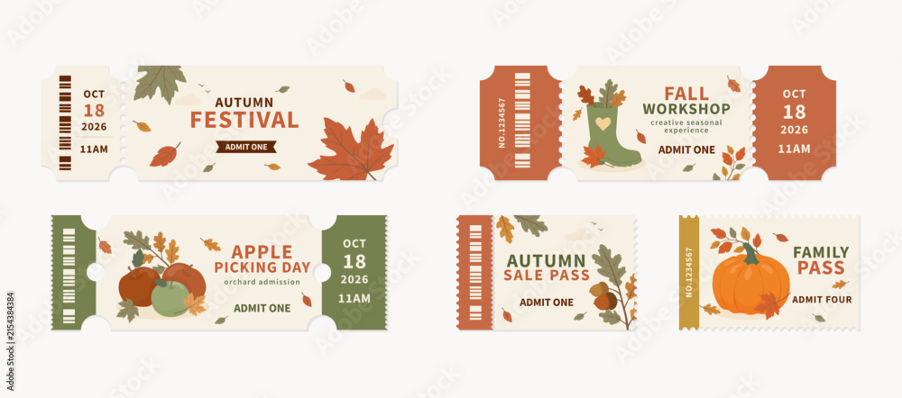 Naklejka premium A collection of fall event tickets. A set of entrance tickets to festivals, workshops, harvest days, and sales with seasonal illustrations of leaves, pumpkins, and apples. Graphic design element.